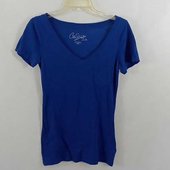 City Streets Women  Medium  Blue short sleeve V Neck‎ Pocket tee shirt - Picture 4 of 7